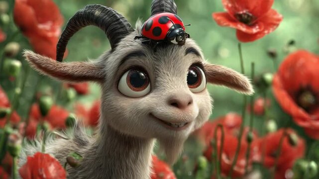 Animated goat with ladybug on head in poppy field