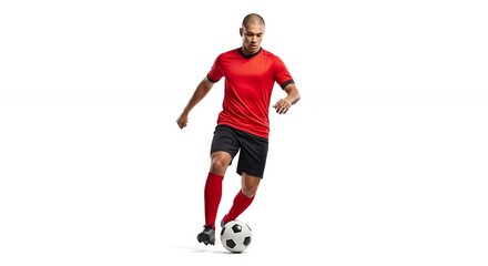 Man Dribbling Soccer Ball in Red Uniform on White