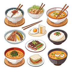 Set of Asian food icons with different dishes like rice, dumplings, noodles and chopsticks on a transparent  background	
