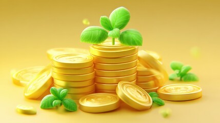 Golden Coin Stacks Growing Green Plants