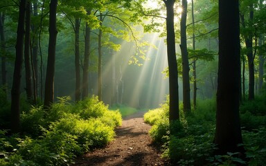 Obraz premium Confier forest in the rural northeastern United States. The tranquil setting evokes a sense of peace and natural beauty, ideal for themes of nature, wilderness, or environmental conservation.