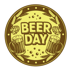 Vintage-style Beer Day label with hop cones, wheat, and beer mugs. Perfect for brewery branding, bar posters, Oktoberfest events, and craft beer promotions.