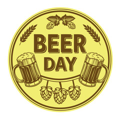 Vintage-style Beer Day label with hop cones, wheat, and beer mugs. Perfect for brewery branding, bar posters, Oktoberfest events, and craft beer promotions.