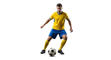 Man Dribbling Soccer Ball During Game on Isolated Background