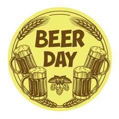 Vintage-style Beer Day label with hop cones, wheat, and beer mugs. Perfect for brewery branding, bar posters, Oktoberfest events, and craft beer promotions.