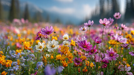 Obraz premium A meadow filled with vibrant spring flowers on a bright day