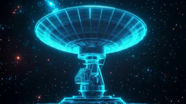 Rotating neon satellite dish in cosmic space ? futuristic technology in motion