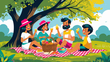 Happy family enjoying ice cream picnic under a tree in a bright summer meadow