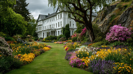 Obraz premium Vibrant spring flower beds and a green lawn brighten the landscape in Victoria, Canada