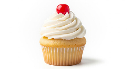 Delicious vanilla cupcake with swirled frosting and red cherry isolated on white background