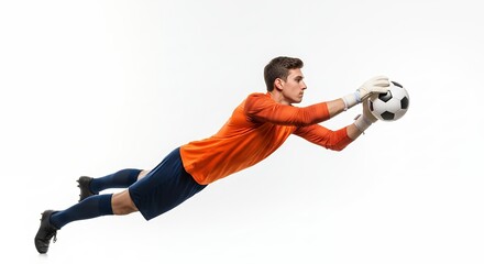 Goalkeeper Diving to Catch Soccer Ball on White Background