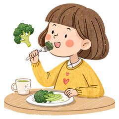 Caucasian girl, age 7, eating broccoli with a fork, short brown hair, white skin, wearing a yellow sweater, on a table with transparent background