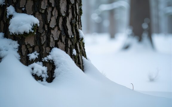 Close-up shot of a tree trunk with thick layer of snow, great for winter or nature themes. High quality