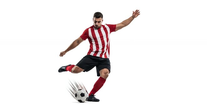 Soccer Player Kicking Ball with Power and Motion on White