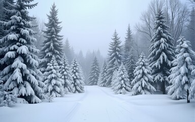 Snow covered forest with lots of trees, suitable for winter themed designs. High quality