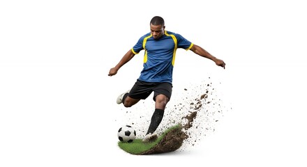 Naklejka premium Kicking Soccer Ball Action Shot on Grass with Flying Dirt