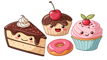 Cute cartoon cupcakes and milkshake, with transparent background