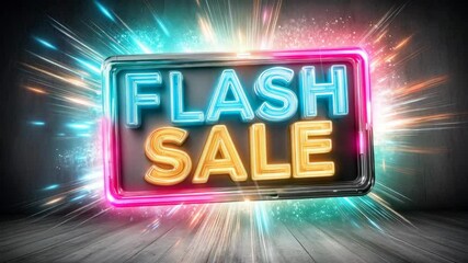 Neon flash sale sign with dynamic light bursts on wooden floor - Powered by Adobe
