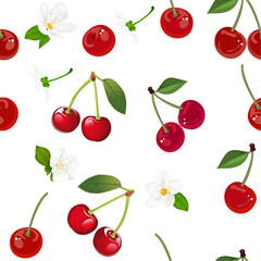seamless pattern of juicy bright  cherrys on a transparent background