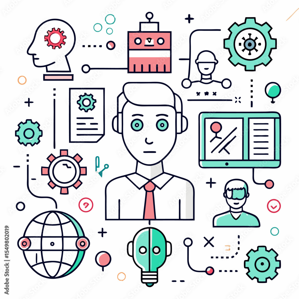 Poster clean line art icons representing artificial intelligence concepts and technology
