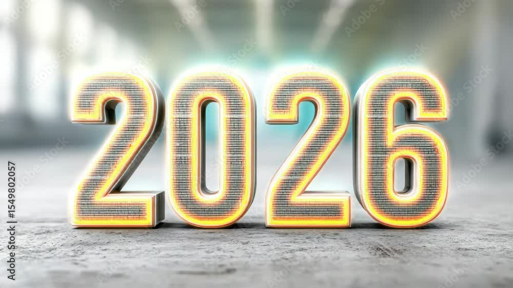 Poster glowing neon year transition: dynamic 2026 countdown in futuristic environment