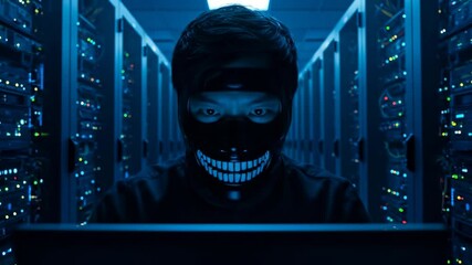 A cybercriminal in a mask is hacking into the security system of a data center. The hacker is laughing — cybercrime video. Computer security concept - Powered by Adobe