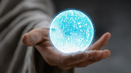 Holding the future: Man holding a glowing digital sphere in his hand on a neutral background