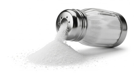 Glass salt shaker with metal top pouring salt onto a white background isolated on white background