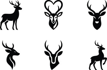 Elegant Deer Icon Set Majestic Stag, Buck, and Reindeer Head Silhouette Vector Collection for Wildlife and Nature Design