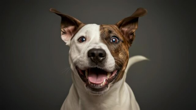 Playful dog joyfully wagging tail and flapping ears in slow motion closeup