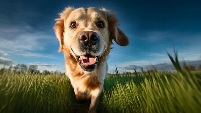 Joyful dog running through lush green field under clear blue sky at sunset