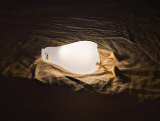 Duck-shaped lamp with soft glow lying on cozy blanket