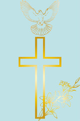 Christian cross; a dove symbol of the spirit and lilies with a golden gradient on a blue background