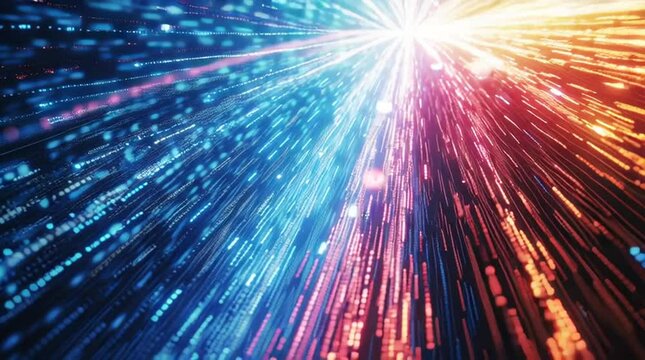 Abstract data stream of blue, red, and orange light trails for technology background. Digital concept.