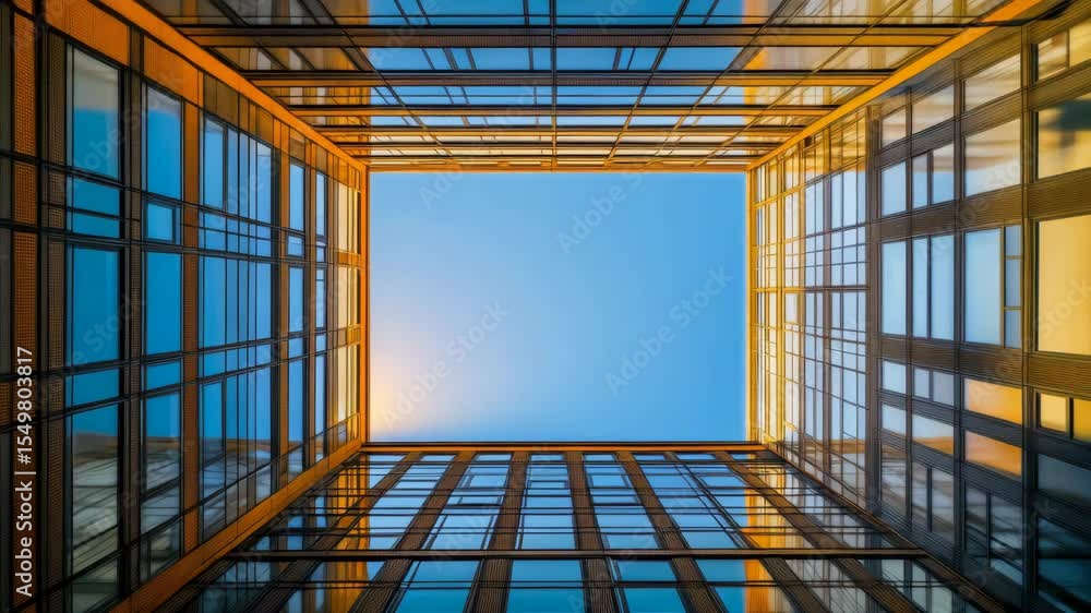 Poster dynamic sky reflection on modern architecture with shifting sunlight patterns
