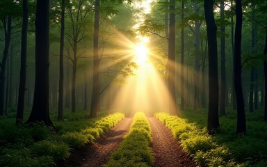 Fototapeta premium Sunlight streams through a dense forest path, creating a serene woodland scene. Suitable for nature, outdoor, or environmental themes. High quality