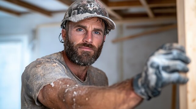 A focused craftsman works diligently on a construction site, showcasing dedication and craftsmanship in his trade amid the dust and labor of building. - Powered by Adobe