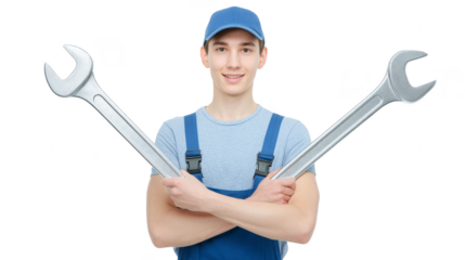 Young man in blue overalls and cap holds two large wrenches crossed in front of him, smiling confidently. image conveys sense of readiness and expertise in mechanical work