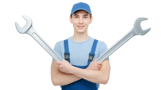 Young man in blue overalls and cap holds two large wrenches crossed in front of him, smiling confidently. image conveys sense of readiness and expertise in mechanical work