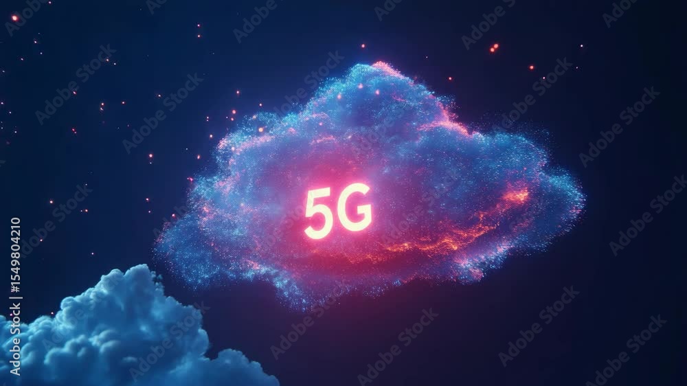 Poster dynamic 5g cloud technology animation with glowing digital elements in motion