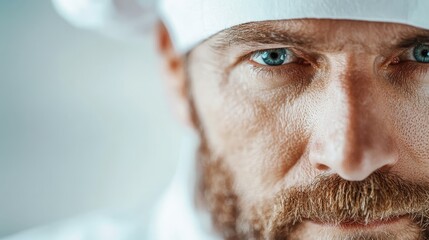 A close-up of a focused chef with piercing blue eyes, adorned in professional attire, conveying determination and passion for culinary arts in a kitchen setting.