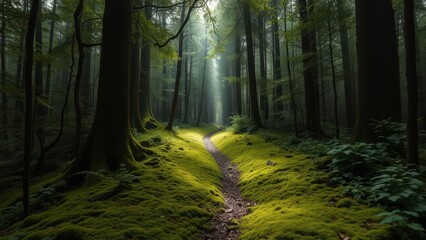 Fototapeta premium Shaded Forest Trail with Moss-Covered Ground 