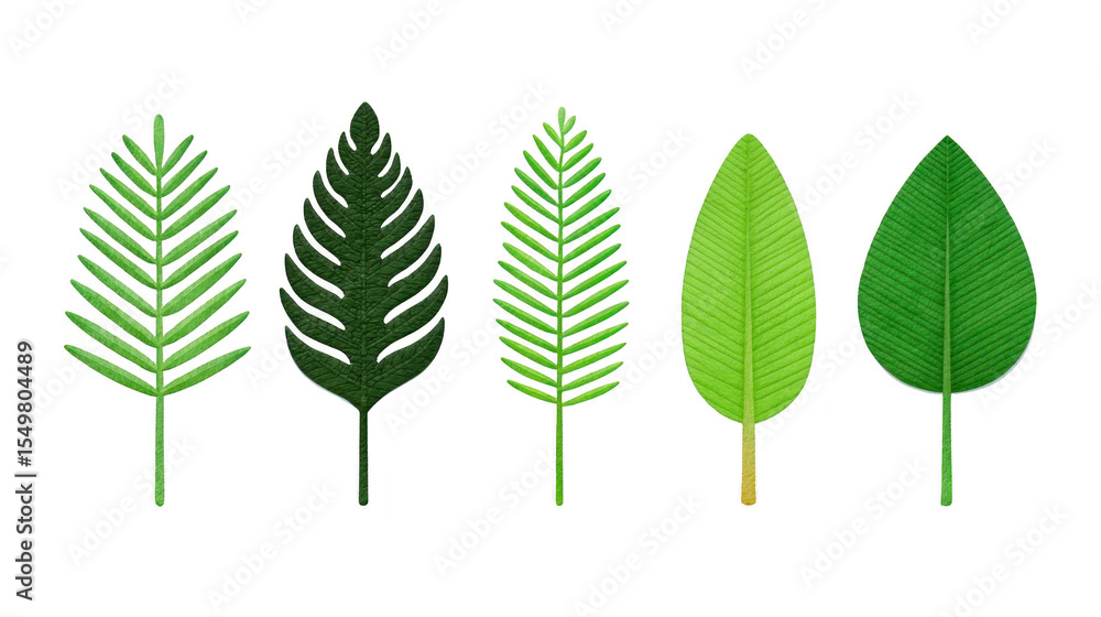 Poster collection of five different green leaves, each with unique shapes and textures, displayed on transp