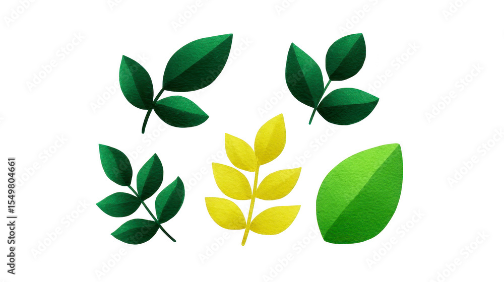 Aufkleber green and yellow leaves in various shapes are arranged on transparency background, showcasing nature