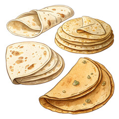A collection of stacks of plain tortillas arranged on a transparent background