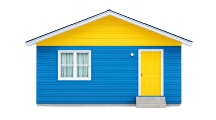 Small, vibrant house features blue exterior with contrasting yellow roof and door, creating cheerful appearance. house has single window with white curtains and small set of steps leading to