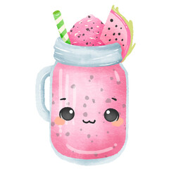 Cute Kawaii Dragon fruit slushies with cute face Summer Dessert Illustration with Straw Watercolor Style for Kids Stickers Sublimation Greeting Cards and Digital Planners