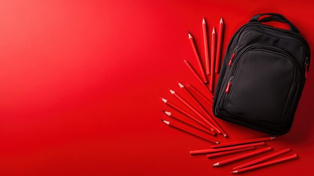 A sleek black backpack surrounded by vibrant red pencils against a striking red background, conveying creativity and organization for students and professionals alike.