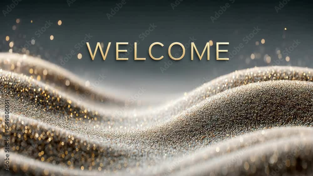 Poster golden welcome: elegant sand waves with dynamic particles and text movement
