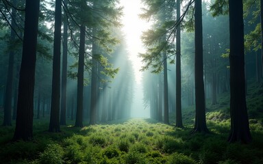 Obraz premium Majestic forest panorama, towering trees reaching towards a bright sky, serene atmosphere perfect for nature themes. High quality